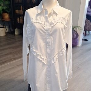 London Rose Elegant White Heart Ruffle button Front Blouse